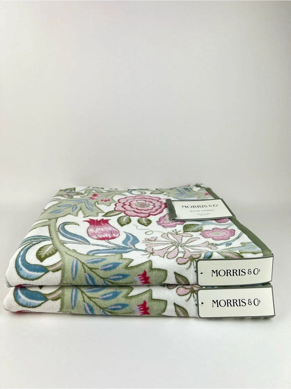 William Morris Bath Towels Floral Print Green Blue Pink Velour Cotton 2 Pc NEW